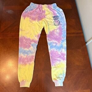 womens Tie Dye Jogger Pants Pastel Rainbow Smile Lucky Graphic Lounge M Love Vin